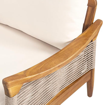 Christopher Knight Home Havets Patio Acacia Wood Club Chair with Woven Rope, Comfortable Outdoor Armchair, Water-Repellent Thick Cushion Deep Seating for Porch, Garden, Backyard, Balcony, Teak+Beige