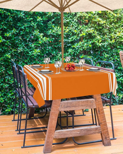 Queenker Fall Outdoor Tablecloth with Umbrella Hole,Farmhouse Orange White Stripe Rectangle Tables Zippered Table Cloth Waterproof Tabletop Cover Collection for Patio,Garden,Picnic,Camping,Dining