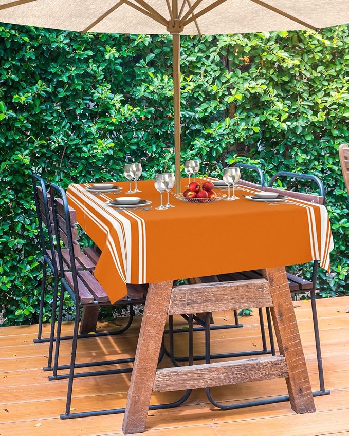 Queenker Fall Outdoor Tablecloth with Umbrella Hole,Farmhouse Orange White Stripe Rectangle Tables Zippered Table Cloth Waterproof Tabletop Cover Collection for Patio,Garden,Picnic,Camping,Dining