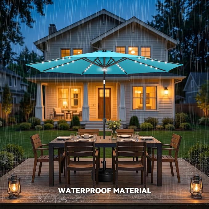 Solar Patio Umbrella with Centre Light, 10 ft Aqua Blue | 40 LED Lights, UV Protection, Solar Outdoor Umbrella for Porch, Deck, Pool, Table, Garden, Provides Evening Lighting