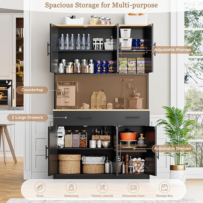 Shintenchi Pantry Cabinet with Charging Station, 70” Tall Kitchen Storage Cabinet with Microwave Stand, Storage Drawers & Adjustable Shelves, Large Capacity Kitchen Hutch for Dining Room, Black