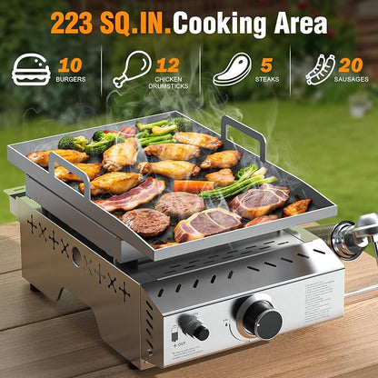 COWSAR Stainless Steel Tabletop Grill – 18-Inch Portable Propane Griddle | Gas Griddle,8000 BTU Flat Top Cooking Surface for Camping,Griddle with Handle