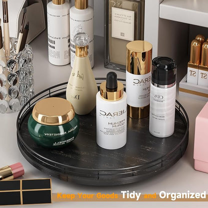 AMH 13-Inch Oak Lazy Susan Vanity Tray with Black Brushed Gold Finish Rail | Smooth rotating oak tray with walnut finish for dining tables, kitchen counters, pantries and cabinet storage.