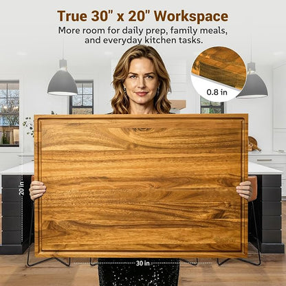 Sentsu Extra Large Acacia Wood Cutting Board 30 x 20 in, Deep Juice Groove | 100% solid acacia, handles, carving, serving, stove top cover and countertop extender for daily prep