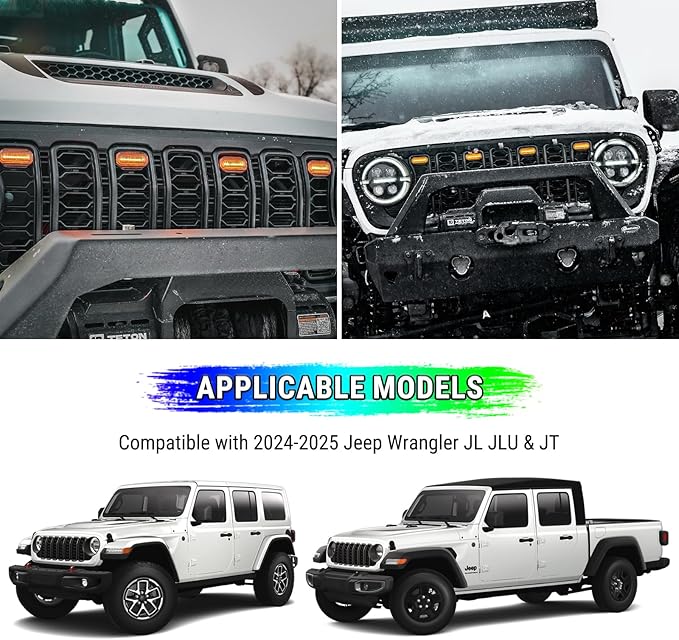 RGB LED Front Bumper Grille Lights Compatible with 2024-2025 Jeep Wrangler JL JLU JT Original Factory Grille, RGB Adjustable Atmosphere Exterior Grill Lights Remote APP Control, 4PCS