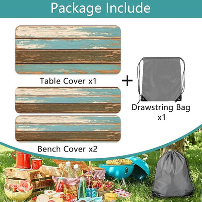 Picnic Table Cover with Bench Covers, Camping Essentials, Farmhouse Wood Green Waterproof Windproof Table Cover, Fitted Tablecloth Cover with Elastic Edge, for Indoor & Outdoor, 3 PCS, 30x96 Inch