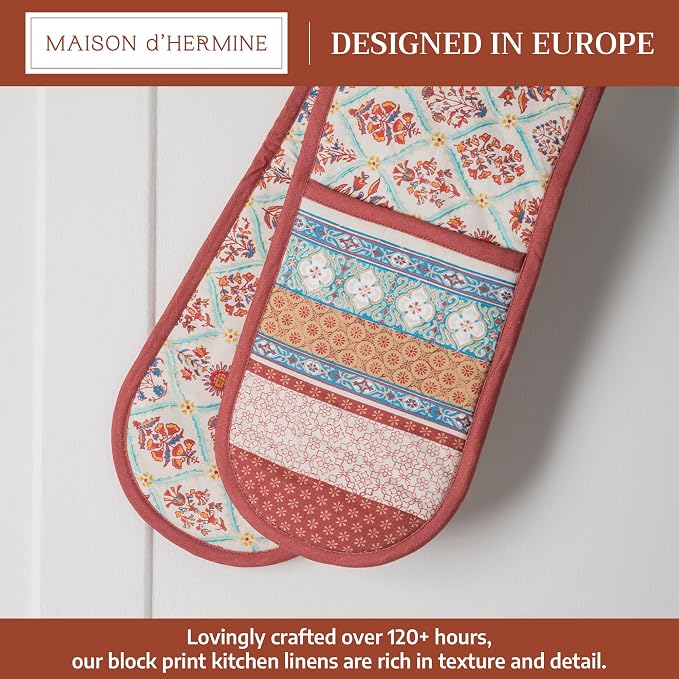 Maison d' Hermine Double Oven Mitts 100% Cotton Double Oven Glove (7"x35") | Heat Resistant BBQ Cooking Gloves with Loop Baking Kitchen Home Hotel Farmhouse Thanksgiving Christmas - Romane