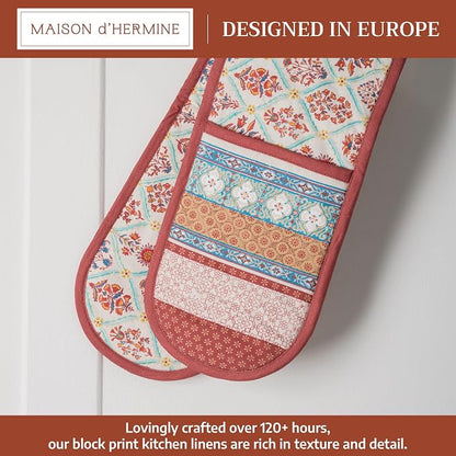 Maison d' Hermine Double Oven Mitts 100% Cotton Double Oven Glove (7"x35") | Heat Resistant BBQ Cooking Gloves with Loop Baking Kitchen Home Hotel Farmhouse Thanksgiving Christmas - Romane
