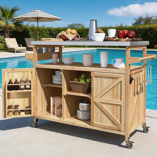 Outdoor Kitchen Island with Stainless Steel Top, Rolling Grill Cart with Storage Cabinet, Farmhouse Solid Wood Prep Station with Spice & Towel Rack for Patio BBQ.Suitable for backyards, etc.