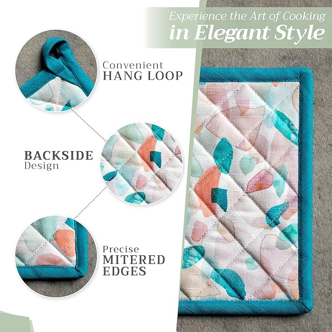 Maison d' Hermine Pot Holders 100% Cotton Heat Resistant Potholders 8" x 8" Hot Pads with Loop BBQ Cooking Baking Hotel Farmhouse Kitchen Handling Hot Pans Spring Summer (Pack of 1, Summer Picnic)