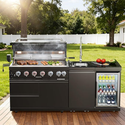 82" Modular Outdoor Kitchen Island with Grill, 6-Burner 85,000 BTU Propane BBQ Island, 304 Stainless Steel, Refrigerator, Sink & Rotisserie, for Backyard and Patio Cooking, Black