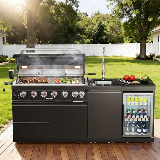 82" Modular Outdoor Kitchen Island with Grill, 6-Burner 85,000 BTU Propane BBQ Island, 304 Stainless Steel, Refrigerator, Sink & Rotisserie, for Backyard and Patio Cooking, Black