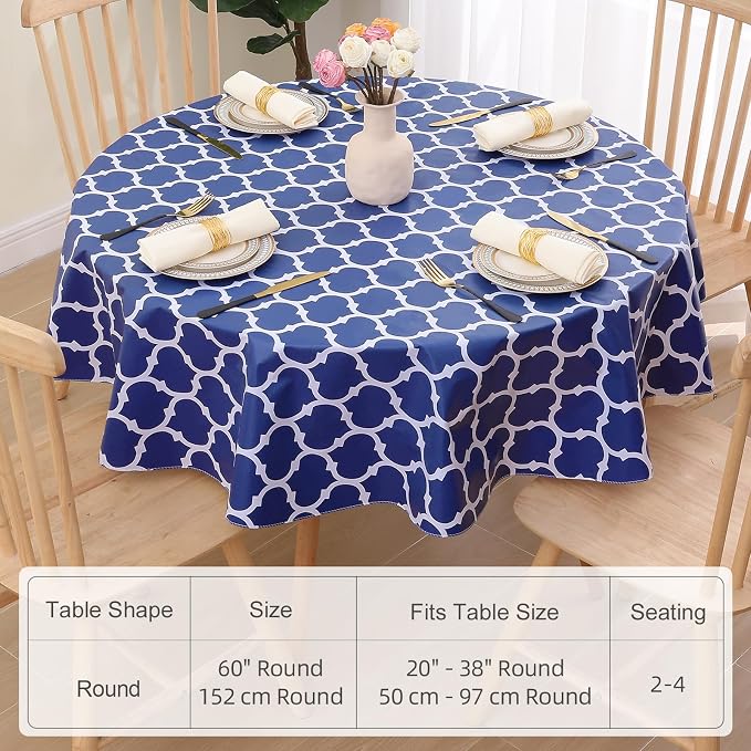 Smiry 2 Pack Round Plastic Table Cloth, Wipeable Spillproof Vinyl Tablecloths with Flannel Backing for Round Tables, Waterproof Plastic Tablecloth for Dining, Camping, and Indoor (60" Round, Navy)