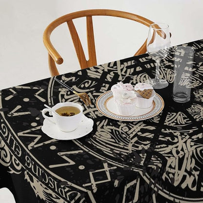 Vintage Viking Pattern Tablecloth, Viking Ancient Runic Helmet of Awe Celtic Dragon Table Cloth Water Resistant Wipeable Table Cover for Farmhouse Party Holiday Kitchen Dinner Table 60x110"