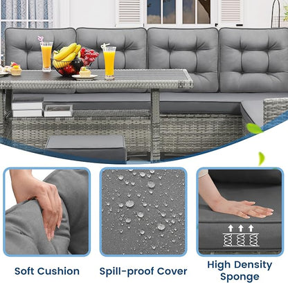 KROFEM 6-Piece Patio Furniture Set, Outdoor Sectional Sofa with Dining Table & Chairs, All-Weather Dining Set with Removable Cushion Covers, Ideal for Garden, Porch, Backyard, Grey