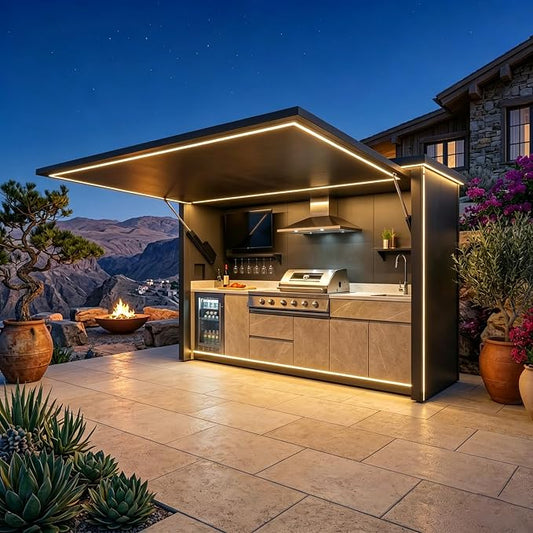 Prefab Outdoor Kitchen Pod with Roof, Luxury Modular Island Kits with Sink, Grill, Storage Cabinet, Burners, Refrigerator, Patio Backyard Cooking Station