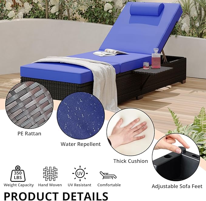 PeakPursuit Patio Lounge Chairs,Outdoor PE Wicker Chaise Lounge Set of 2,Chaise Lounge Chair Outdoor，Pool Furniture,Brown Rattan Recliners with Adjustable Backrest,Storage Table,Royal Blue