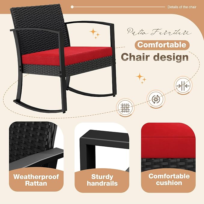 Greesum 3 Piece Patio Furniture Set, All-Weather Imitation Rattan Conversation Set, Outdoor Rocking Chair Bistro Set with Glass Top Coffee Table for Pool, Deck, Porch, Garden or Balcony, Red