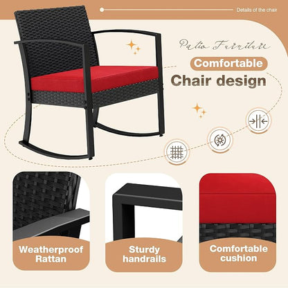 Greesum 3 Piece Patio Furniture Set, All-Weather Imitation Rattan Conversation Set, Outdoor Rocking Chair Bistro Set with Glass Top Coffee Table for Pool, Deck, Porch, Garden or Balcony, Red