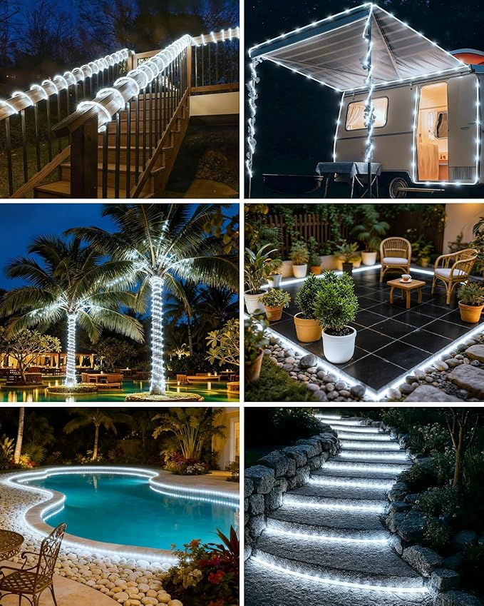 btfarm Solar Rope Lights, 120LED 46FT Solar String Lights Outdoor Waterproof, 8 Lighting Modes Solar Powered Strip Trampoline Light for Outside Garden Tree Christmas Yard Patio Decor, Cool White