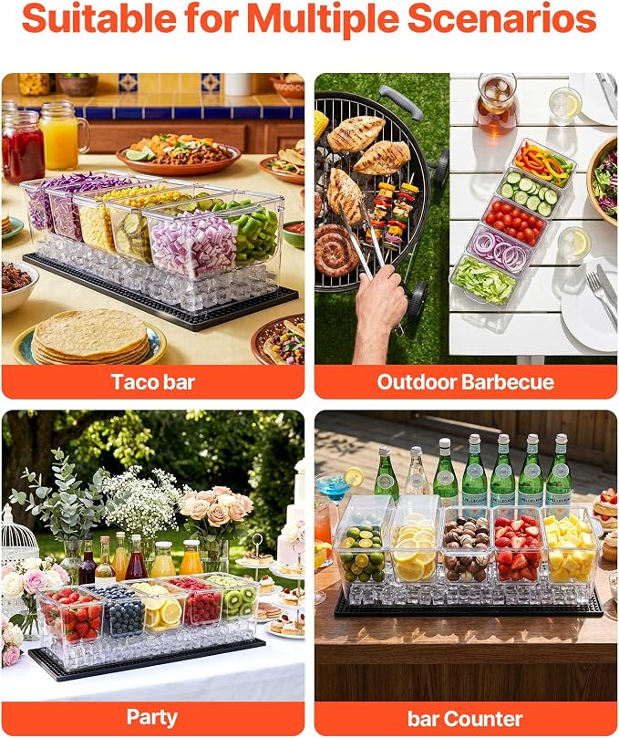 VEVOR Chilled Condiment Server Caddy, 5 Compartment Ice Cooled Serving Container, Plastic Fruit Garnish Tray Platter with Separate Lid, for Taco Salad Bar Accessories, Party Home Restaurant Supplies