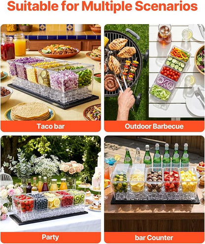 VEVOR Chilled Condiment Server Caddy, 5 Compartment Ice Cooled Serving Container, Plastic Fruit Garnish Tray Platter with Separate Lid, for Taco Salad Bar Accessories, Party Home Restaurant Supplies
