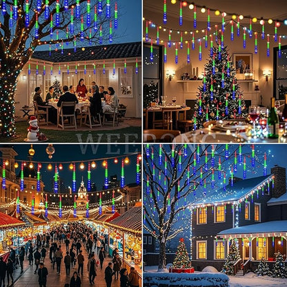 Weepong Meteor Shower Outdoor Christmas Lights 32 Tube 768LEDs Snow Falling Rain Cascading Icicle Light for Christmas Halloween Tree Decorations Wedding Party Garden Decor, UL Plug Multi Color