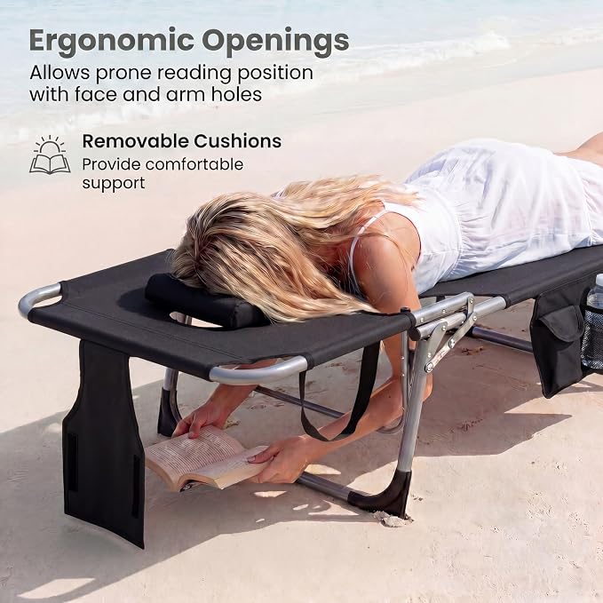 Goplus Tanning Chair, Folding Beach Lounge Chair with Face &Arm Hole, 4-Position Adjustable,Removable Pillow,Side Pocket, Sunbathing Chair, Portable Outdoor Lounge Chair for Patio Pool Lawn (1, Black)