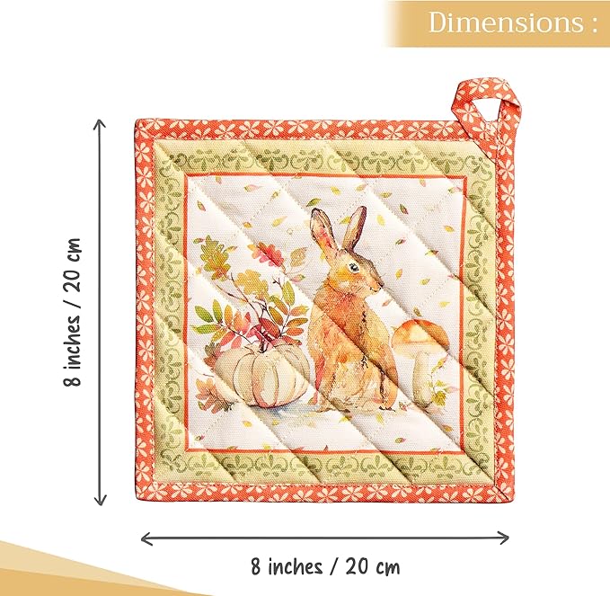 Maison d' Hermine Pot Holders Set 100% Cotton Heat Resistant Potholders 8" x 8" Hot Pads with Loop for Thanksgiving Christmas Decorations BBQ Baking Handling Hot Pans (Pack of 2, Pumpkin Passion)