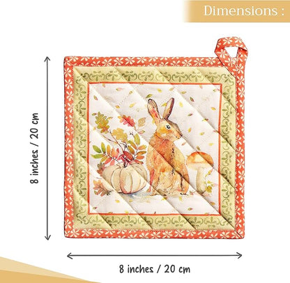 Maison d' Hermine Pot Holders Set 100% Cotton Heat Resistant Potholders 8" x 8" Hot Pads with Loop for Thanksgiving Christmas Decorations BBQ Baking Handling Hot Pans (Pack of 2, Pumpkin Passion)