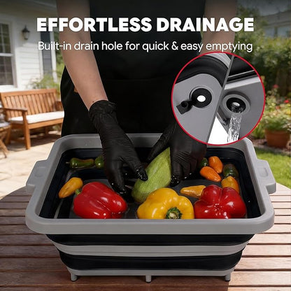 Feasto Collapsible BBQ Prep Tubs with Cutting Board, 9-IN-1, 2 Tubs Portable Grill Prep Station with Side Brackets, Lids, Knives, Meat Claws and Drain Rack, Space-Saving for Kitchen & Camping, Black