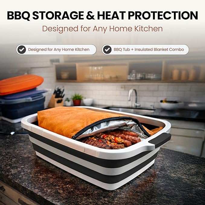 BBQ Prep Tub with BBQ Blanket, 16L Multifunctional Camping Cutting Board with lid, Collapsible Dish Basin for Meal Prep Marinating Food, Grilling & Outdoor Cooking Food Storage Container XL