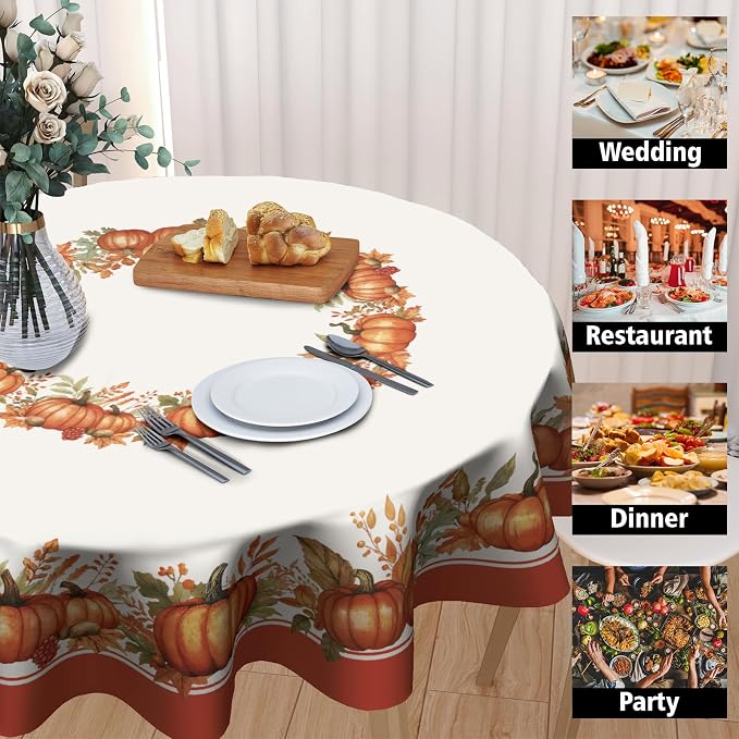 Sweetshow Fall Pumpkin Table Cloth Round Autumn Maple Leaves Tablecloth 60 Inch Decor Washable Stain and Wrinkle Resistant Thanksgiving Round Table Cover for Dining Party Picnic
