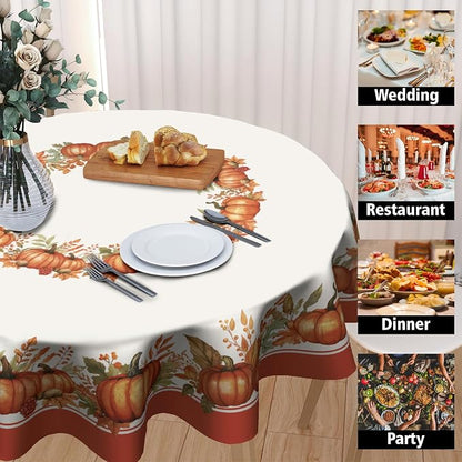 Sweetshow Fall Pumpkin Table Cloth Round Autumn Maple Leaves Tablecloth 60 Inch Decor Washable Stain and Wrinkle Resistant Thanksgiving Round Table Cover for Dining Party Picnic