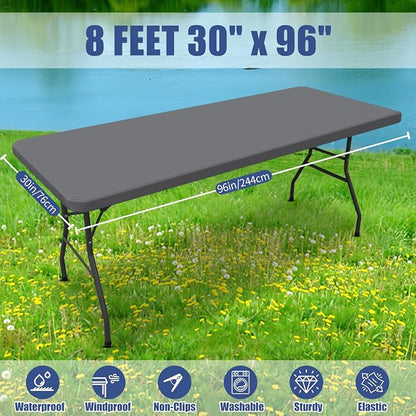 Moosfor Spandex 8 Foot Rectangle Table Cloth, Elastic Fitted Tablecloths for Picnic, Stretch Washable Patio Table Cover for Outdoor, Camping, Banquet and Parties (Grey, 30"x96")