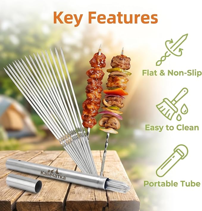 25 Pack Flat Non-Slip Stainless Steel Skewers | 13.5 Inch Length, Anti-roll Food Locking Design, Bend Resistant Thick Steel with Storage Tube for Grilling Kabobs