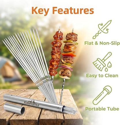 25 Pack Flat Non-Slip Stainless Steel Skewers | 13.5 Inch Length, Anti-roll Food Locking Design, Bend Resistant Thick Steel with Storage Tube for Grilling Kabobs