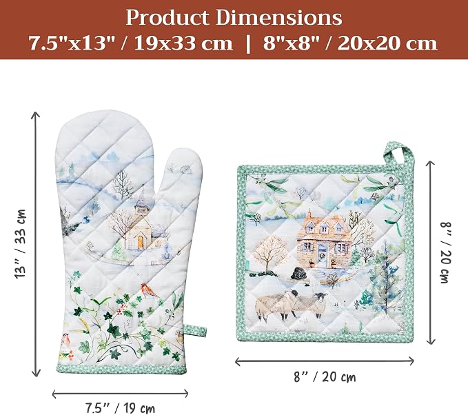 Maison d' Hermine 100% Cotton Oven Mitt & Pot Holder Set (7.5"x13" & 8"x8") | Heat Resistant BBQ Cooking Gloves with Loop Baking Grilling Kitchen Hotel Home Farmhouse Thanksgiving Christmas - Snowy World