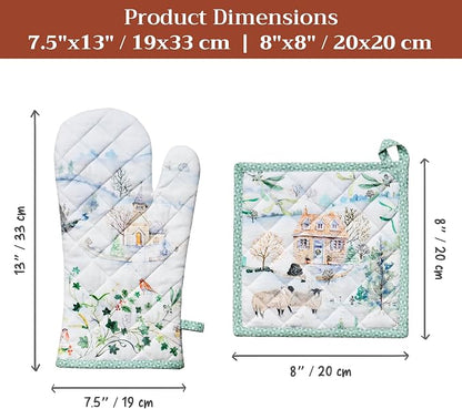 Maison d' Hermine 100% Cotton Oven Mitt & Pot Holder Set (7.5"x13" & 8"x8") | Heat Resistant BBQ Cooking Gloves with Loop Baking Grilling Kitchen Hotel Home Farmhouse Thanksgiving Christmas - Snowy World