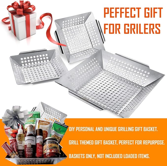 3 Pack Grill Baskets for Outdoor Grill, Heavy Duty Stainless Steel Vegetable Grill Basket, Grilling Basket for Veggies, Grilling Accessories for All Grills & Smokers - Grilling Gifts for Men