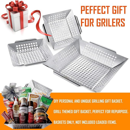 3 Pack Grill Baskets for Outdoor Grill, Heavy Duty Stainless Steel Vegetable Grill Basket, Grilling Basket for Veggies, Grilling Accessories for All Grills & Smokers - Grilling Gifts for Men