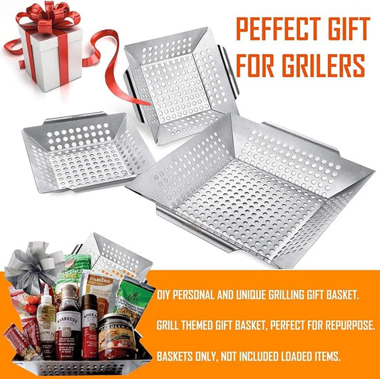 3 Pack Grill Baskets for Outdoor Grill, Heavy Duty Stainless Steel Vegetable Grill Basket, Grilling Basket for Veggies, Grilling Accessories for All Grills & Smokers - Grilling Gifts for Men