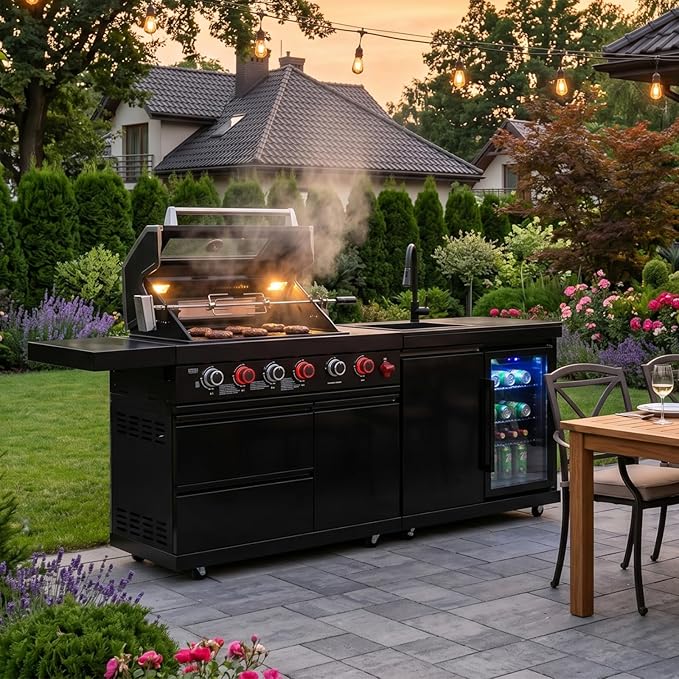 84 Inch Outdoor Kitchen Island Grill, 6 Burner 75300 BTU Stainless Steel Propane Gas Grill Island with Sink and Refrigerator, Modular BBQ Barbecue Island with Granite Countertop and Rotisserie Kit