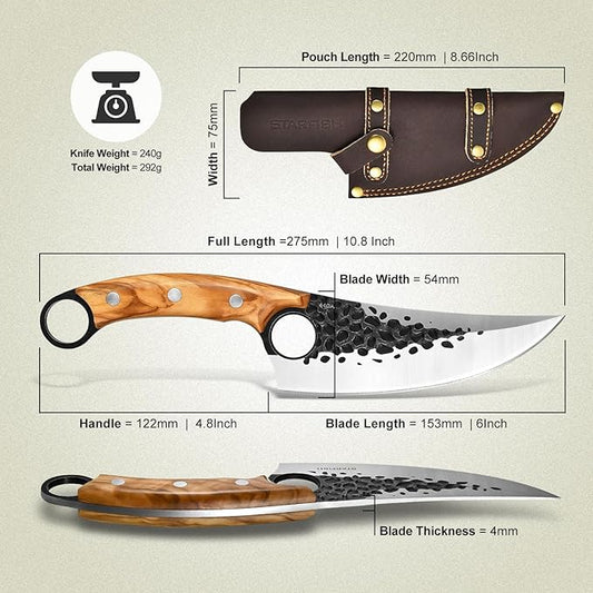 STARFISH Kitchen Knife, 6.0” Full Tang Chef Knife with Leather Sheath 440C Steel blade for Home Cooking. Olive Wooden Handle Japanese Style Forged Viking knives for Camping, BBQ, Gift for Men