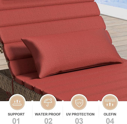 2 Sets of Outdoor Water-Resistant Olefin Chaise Lounge Cushions with Headrest and Pillow, Weather and Fade Resistant Foldable Quilted Lounge Chair Pads with Straps, Red, 73" L x 22" W