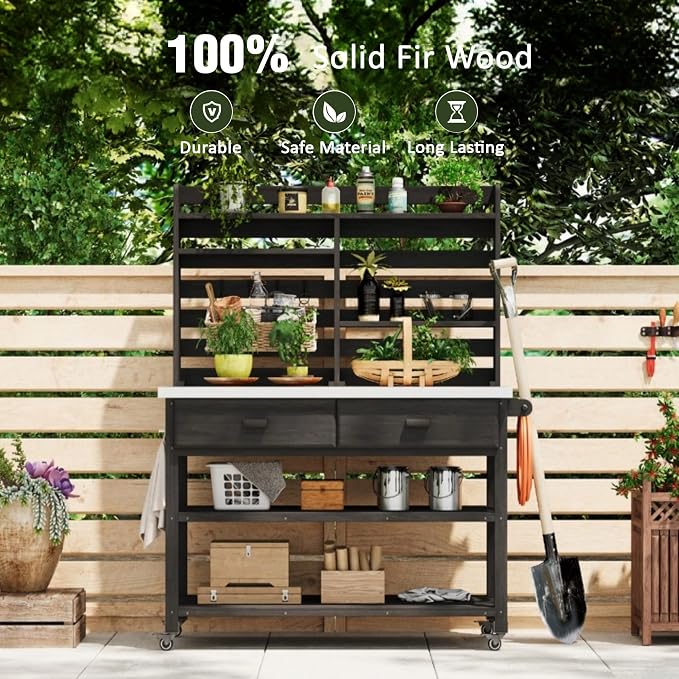 65 Inch Outdoor Potting Bench with Stainless Steel Top, Black | Black fir wood, stainless steel top, garden or patio, upper hutch, 2 drawers, towel rack, lockable wheels, 52 in L
