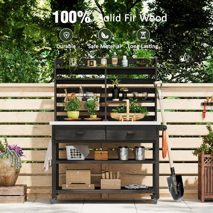 65 Inch Outdoor Potting Bench with Stainless Steel Top, Black | Black fir wood, stainless steel top, garden or patio, upper hutch, 2 drawers, towel rack, lockable wheels, 52 in L