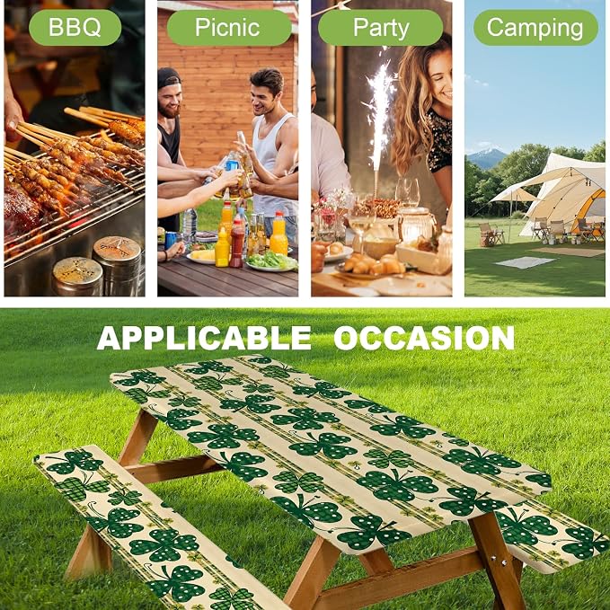 ANNA QUEEN St. Patrick’s Day Clover 6FT Picnic Table Cover with Bench Covers Set of 3 with Drawstring Bag, Green Clover 72"x30" Waterproof Picnic Tablecloth & Bench Covers for Outdoor Dining