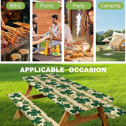 ANNA QUEEN St. Patrick’s Day Clover 6FT Picnic Table Cover with Bench Covers Set of 3 with Drawstring Bag, Green Clover 72"x30" Waterproof Picnic Tablecloth & Bench Covers for Outdoor Dining