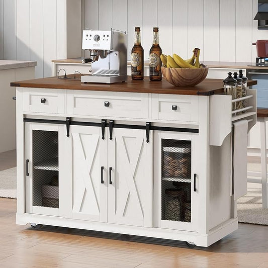Merax Farmhouse 58 inch Kitchen Island on 5 Wheels with Drop Leaf Table, Power Outlet & Glass Holders, Wood Kitchen Rolling Cart with Spice Rack & Sliding Barn Door, 3 Drawers & Cabinet, White